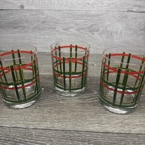 Georges Briard Rocks Glass Double Old Fashioned Red Green Gold Plaid 12oz~4 Pc